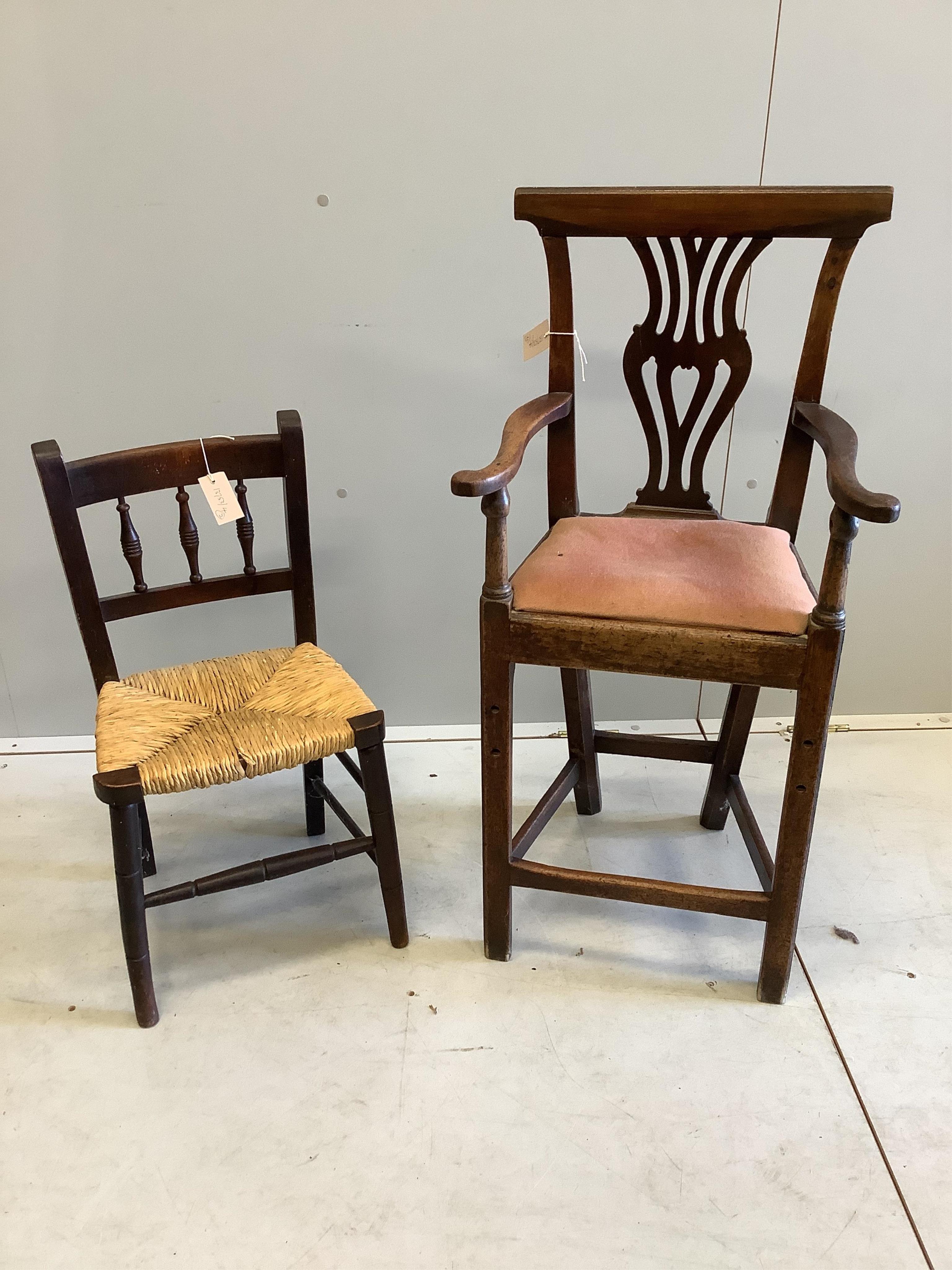 A late 18th / early 19th century child's mahogany correction / high chair, having scrolled arms, drop-in seat and vase splat, height 94cm together with a 19th century beech rush seated child's chair. Condition - fair
